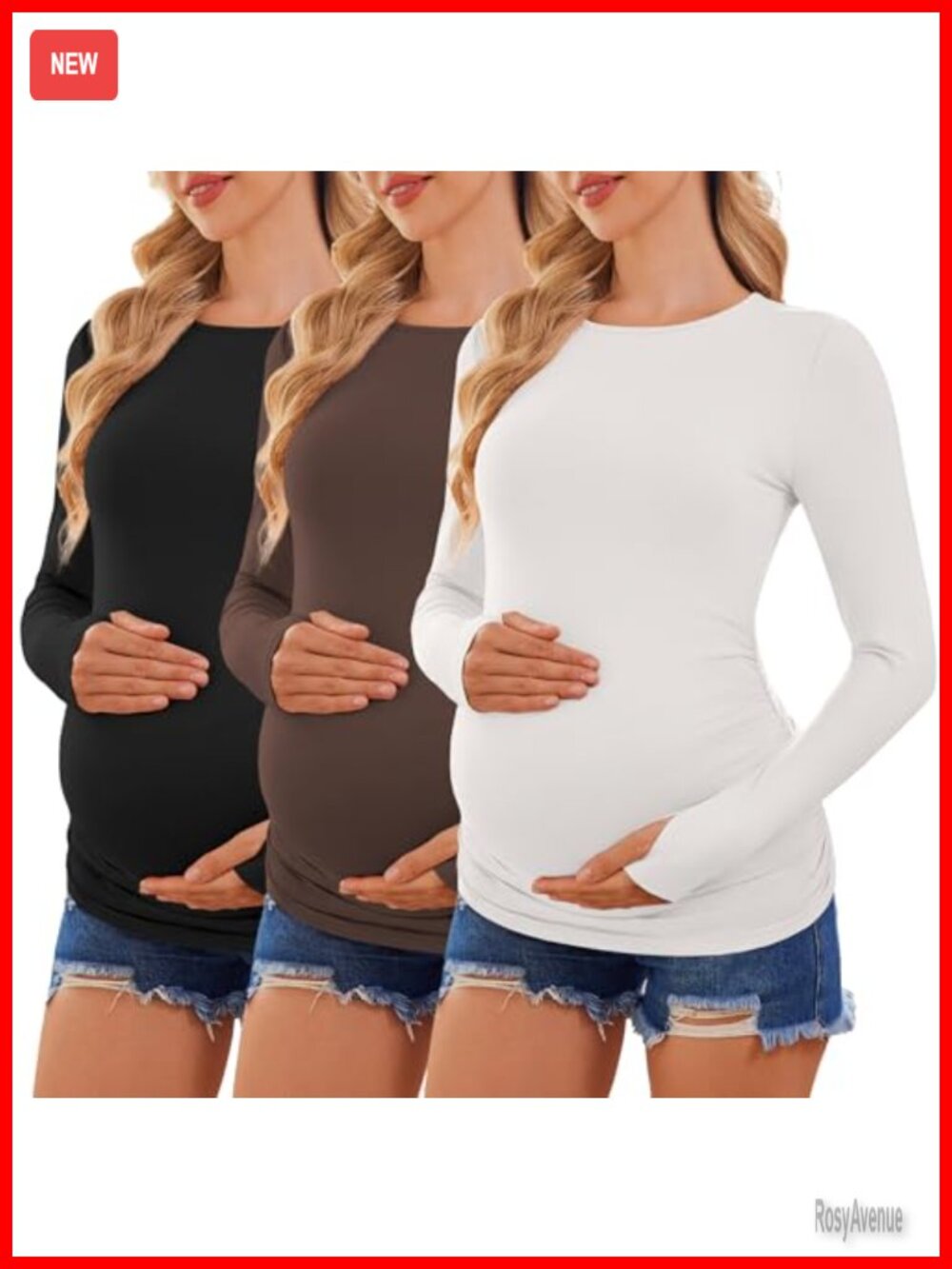 Maternity Long Sleeve T-Shirt 3 Pack Thumb Hole Crew Neck Ruched